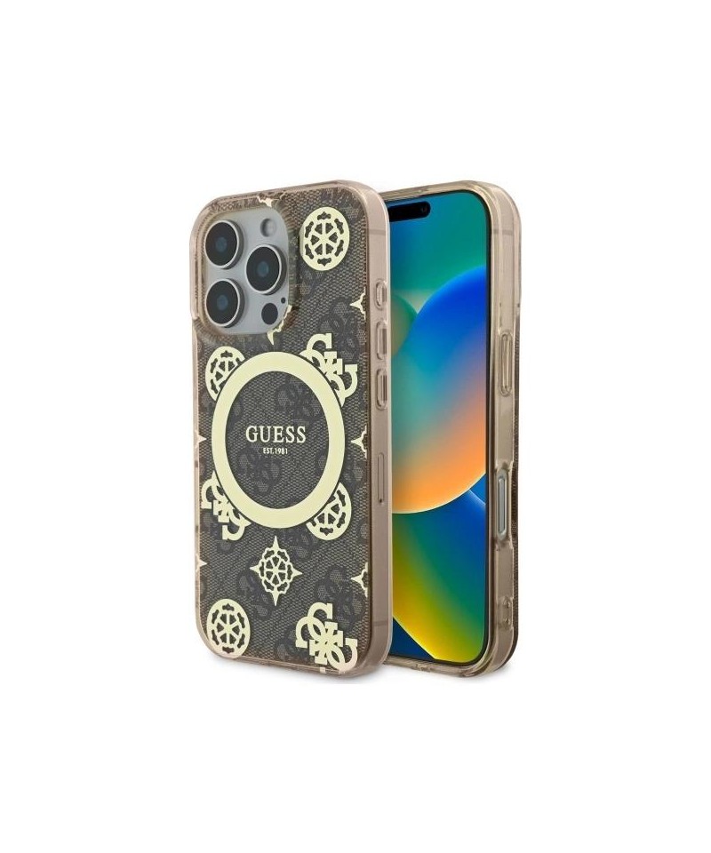 Guess IML Peony On 4G Background MagSafe Case for iPhone 16 Pro Max - Brown