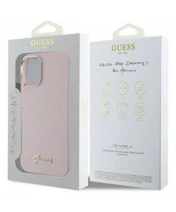 Guess Silicone Script Metal Logo & Frame iPhone 16 Case - Pink