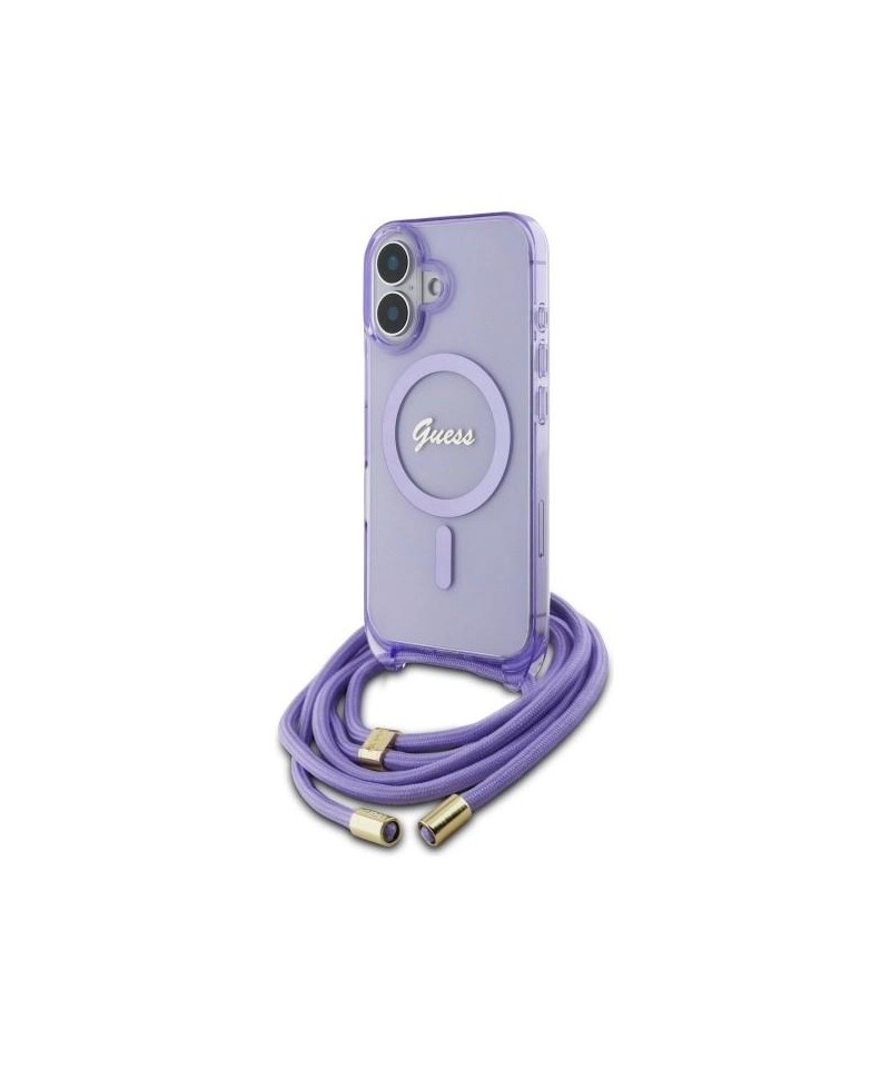Guess Crossbody Cord Script MagSafe iPhone 16 Case - Purple