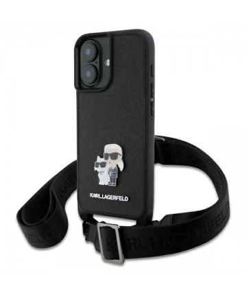 Karl Lagerfeld Saffiano Karl&Choupette Metal Pin CBDY Strap iPhone 16 Case - Black