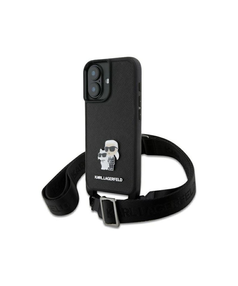 Karl Lagerfeld Saffiano Karl&Choupette Metal Pin CBDY Strap iPhone 16 Case - Black
