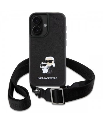 Karl Lagerfeld Saffiano Karl&Choupette Metal Pin CBDY Strap iPhone 16 Case - Black