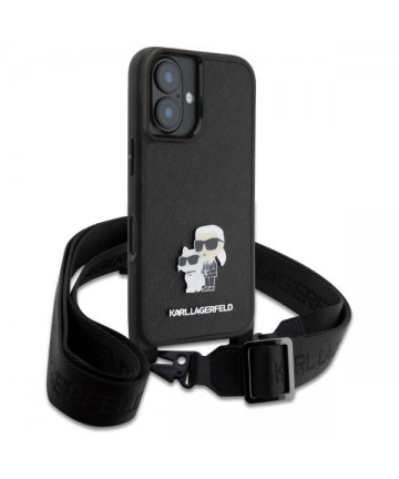 Karl Lagerfeld Saffiano Karl&Choupette Metal Pin CBDY Strap iPhone 16 Case - Black