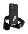 Karl Lagerfeld Saffiano Karl&Choupette Metal Pin CBDY Strap iPhone 16 Case - Black