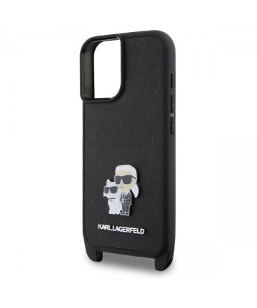 Karl Lagerfeld Saffiano Karl&Choupette Metal Pin CBDY Strap iPhone 16 Case - Black