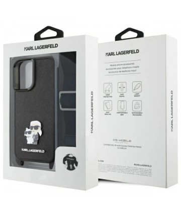 Karl Lagerfeld Saffiano Karl&Choupette Metal Pin CBDY Strap iPhone 16 Case - Black