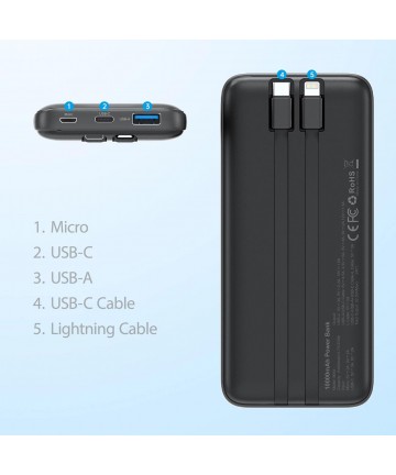 Powerbank Choetech B654 10000mAh 22.5W USB-A / USB-C / micro USB with built-in USB-C / Lightning cable - black