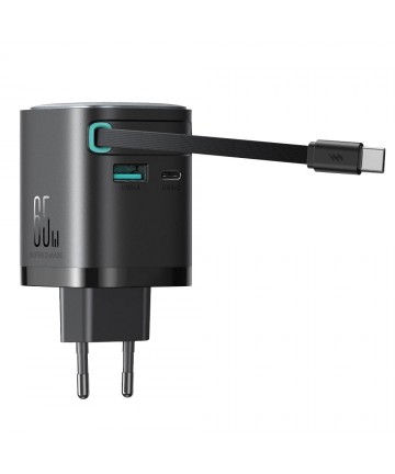 Joyroom JR-TCL02 65W USB-A USB-C GaN charger with built-in USB-C cable - black