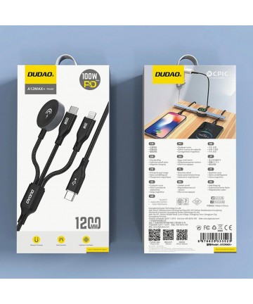 Apple Watch Dudao A12Max+ PD 100W 3in1 Charger Cable: USB-C Lightning 1.2m - Black