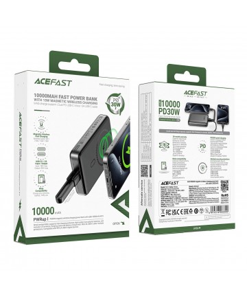 Powerbank Acefast M10 Magnetic 2x USB-C PD 30W with 15W Inductive Charging and USB-C Cable - Black