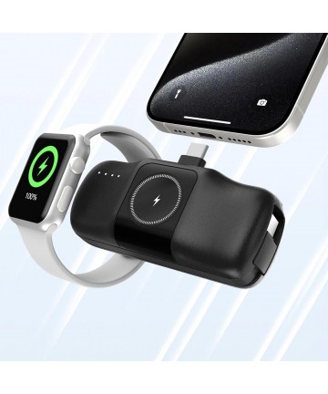 Wozinsky WF16-YCS 5000mAh 15W USB-C Mini Power Bank with Built-in USB-C Cable and Apple Watch Charger - Black