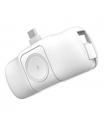 Wozinsky WF16-YCS 5000mAh 15W USB-C Mini Power Bank with Built-in USB-C Cable and Apple Watch Charger - White