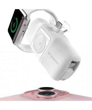 Wozinsky WF16-YCS 5000mAh 15W USB-C Mini Power Bank with Built-in USB-C Cable and Apple Watch Charger - White