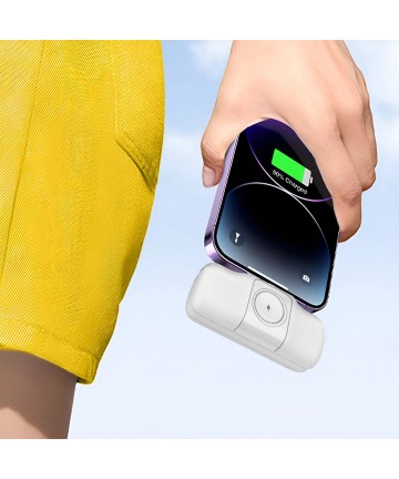 Wozinsky WF16-YCS 5000mAh 15W USB-C Mini Power Bank with Built-in USB-C Cable and Apple Watch Charger - White