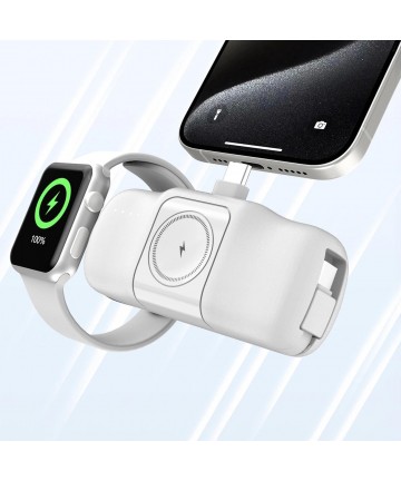 Wozinsky WF16-YCS 5000mAh 15W USB-C Mini Power Bank with Built-in USB-C Cable and Apple Watch Charger - White