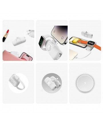 Wozinsky WF16-YCS 5000mAh 15W USB-C Mini Power Bank with Built-in USB-C Cable and Apple Watch Charger - White