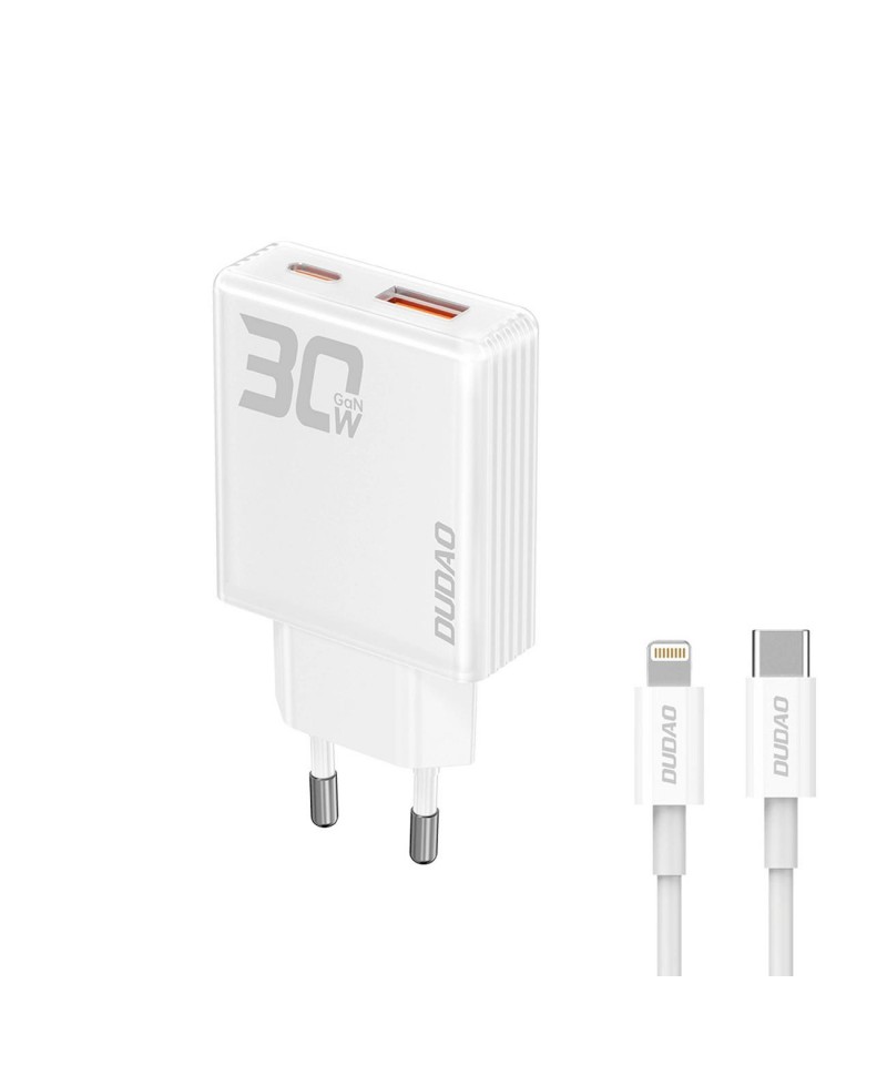 GaN Dudao A30EUL 30W USB-A / USB-C Wall Charger + USB-C - Lightning Cable - White