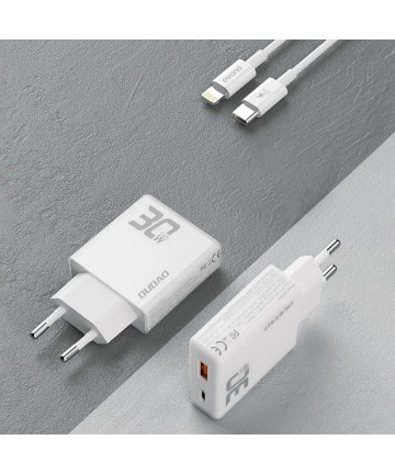GaN Dudao A30EUL 30W USB-A / USB-C Wall Charger + USB-C - Lightning Cable - White