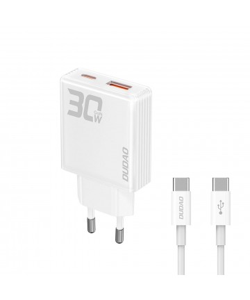 GaN Dudao A30EUT 30W USB-A / USB-C Wall Charger + USB-C - USB-C Cable - White