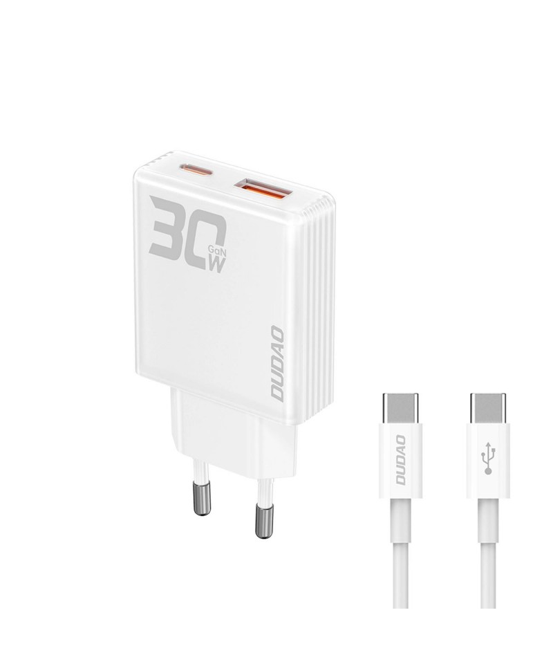 GaN Dudao A30EUT 30W USB-A / USB-C Wall Charger + USB-C - USB-C Cable - White