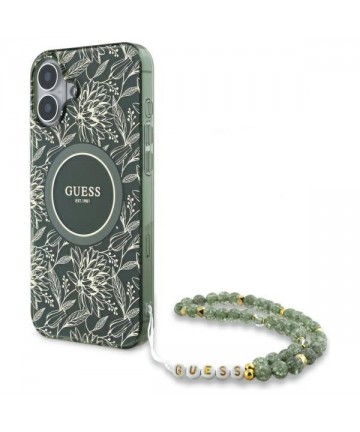 Guess IML Flowers Allover Electro With Pearl Strap MagSafe case for iPhone 16 - green