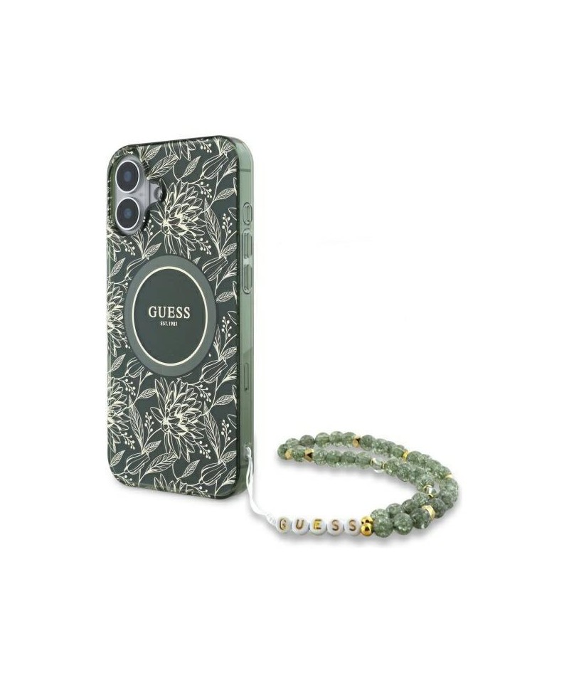 Guess IML Flowers Allover Electro With Pearl Strap MagSafe case for iPhone 16 - green
