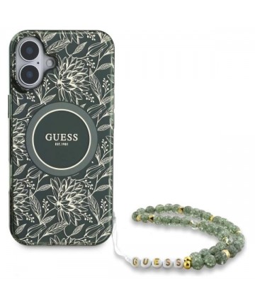 Guess IML Flowers Allover Electro With Pearl Strap MagSafe case for iPhone 16 - green