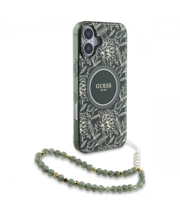 Guess IML Flowers Allover Electro With Pearl Strap MagSafe case for iPhone 16 - green