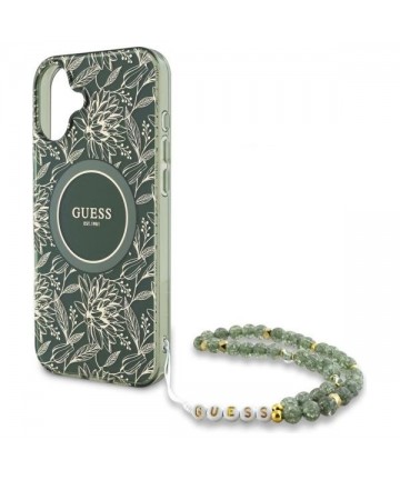 Guess IML Flowers Allover Electro With Pearl Strap MagSafe case for iPhone 16 - green