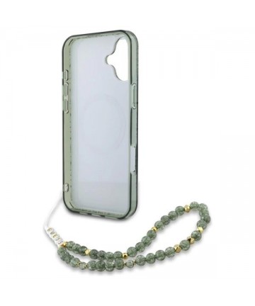 Guess IML Flowers Allover Electro With Pearl Strap MagSafe case for iPhone 16 - green