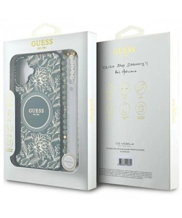 Guess IML Flowers Allover Electro With Pearl Strap MagSafe case for iPhone 16 - green