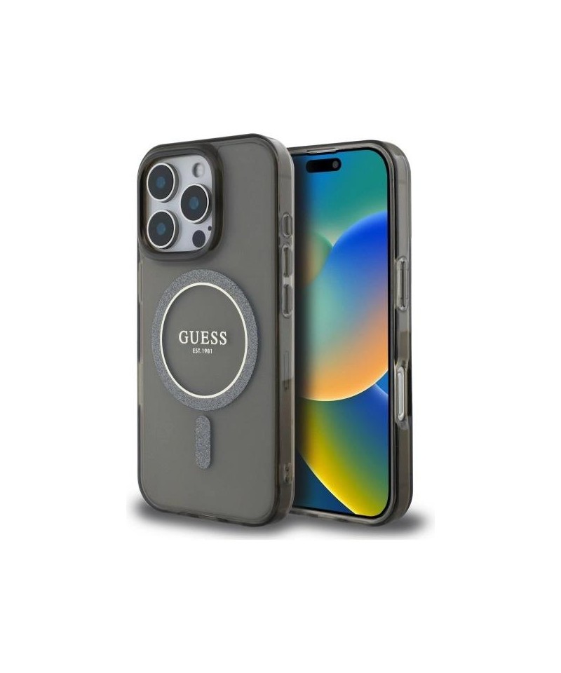 Etui Guess IML Glitter Circle MagSafe na iPhone 16 Pro Max - czarne