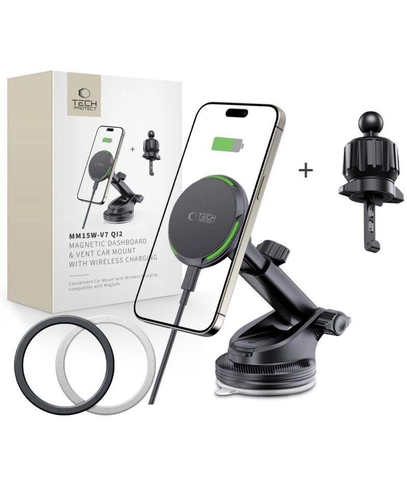 Tech-Protect MM15W-V7 QI2 Car Holder with Inductive Charger - Black