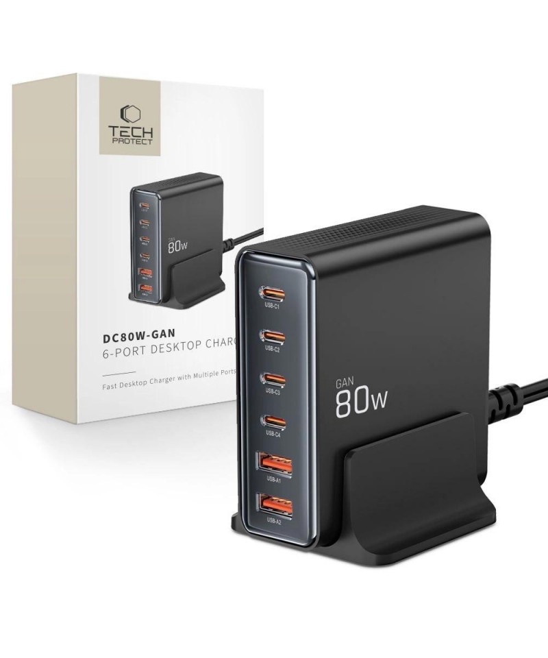 Tech-protect DC80W-GAN 6-PORT PD80W/QC3.0 Charging Station - Black