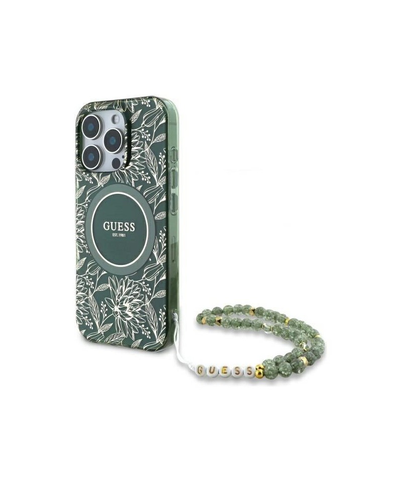 Guess IML Flowers Allover Electro With Pearl Strap MagSafe case for iPhone 16 Pro Max - green