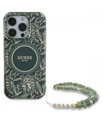 Guess IML Flowers Allover Electro With Pearl Strap MagSafe case for iPhone 16 Pro Max - green