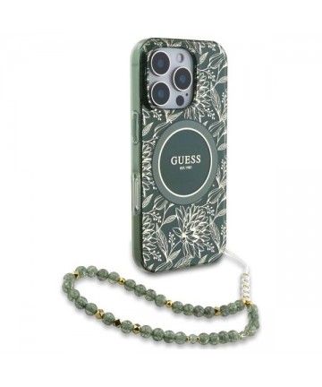 Guess IML Flowers Allover Electro With Pearl Strap MagSafe case for iPhone 16 Pro Max - green
