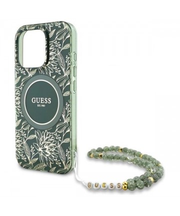 Guess IML Flowers Allover Electro With Pearl Strap MagSafe case for iPhone 16 Pro Max - green