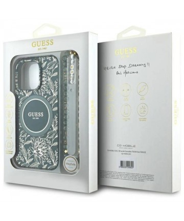 Guess IML Flowers Allover Electro With Pearl Strap MagSafe case for iPhone 16 Pro Max - green