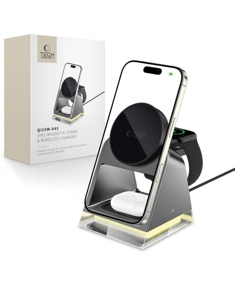 Tech-Protect QI15W-A43 3in1 Wireless Charger with MagSafe for Apple Devices - Black