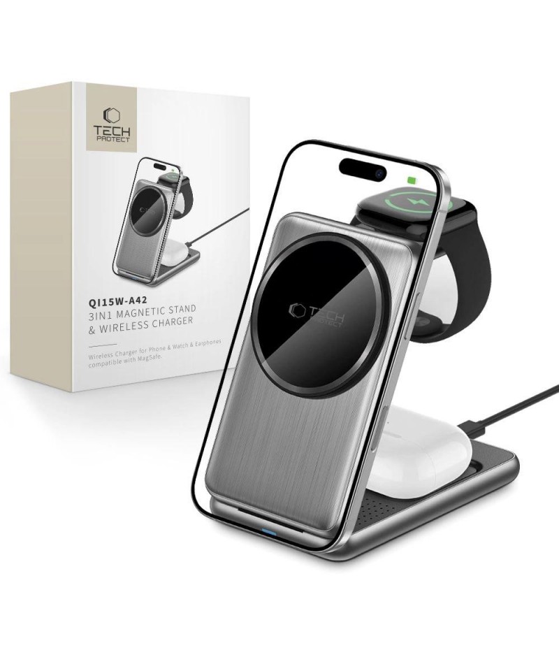QI15W-A42 3in1 Inductive Charger with MagSafe for Apple Devices - Gray