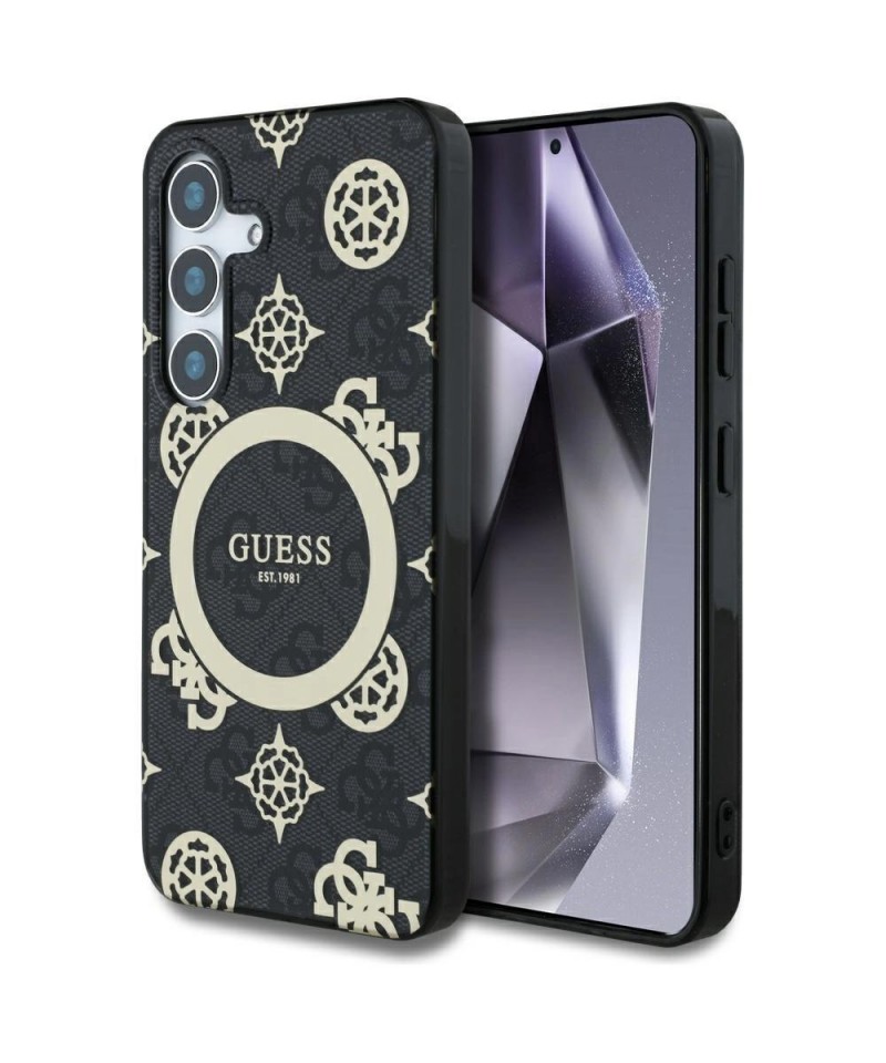 Guess 4G Background Gold Electroplated Peony Pattern MagSafe case for Samsung Galaxy S25 black