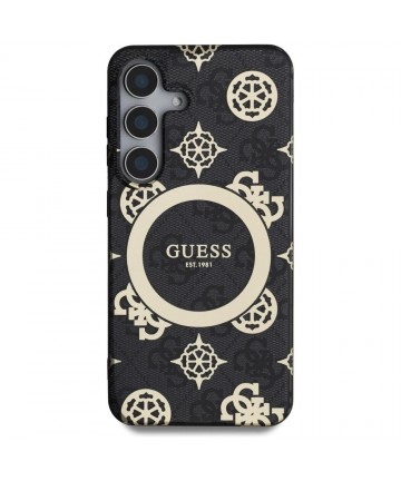 Guess 4G Background Gold Electroplated Peony Pattern MagSafe case for Samsung Galaxy S25 black