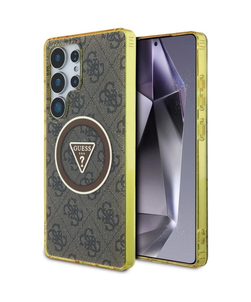 Guess 4G Glitter Triangle Buttons MagSafe Case for Samsung Galaxy S25 Ultra Brown