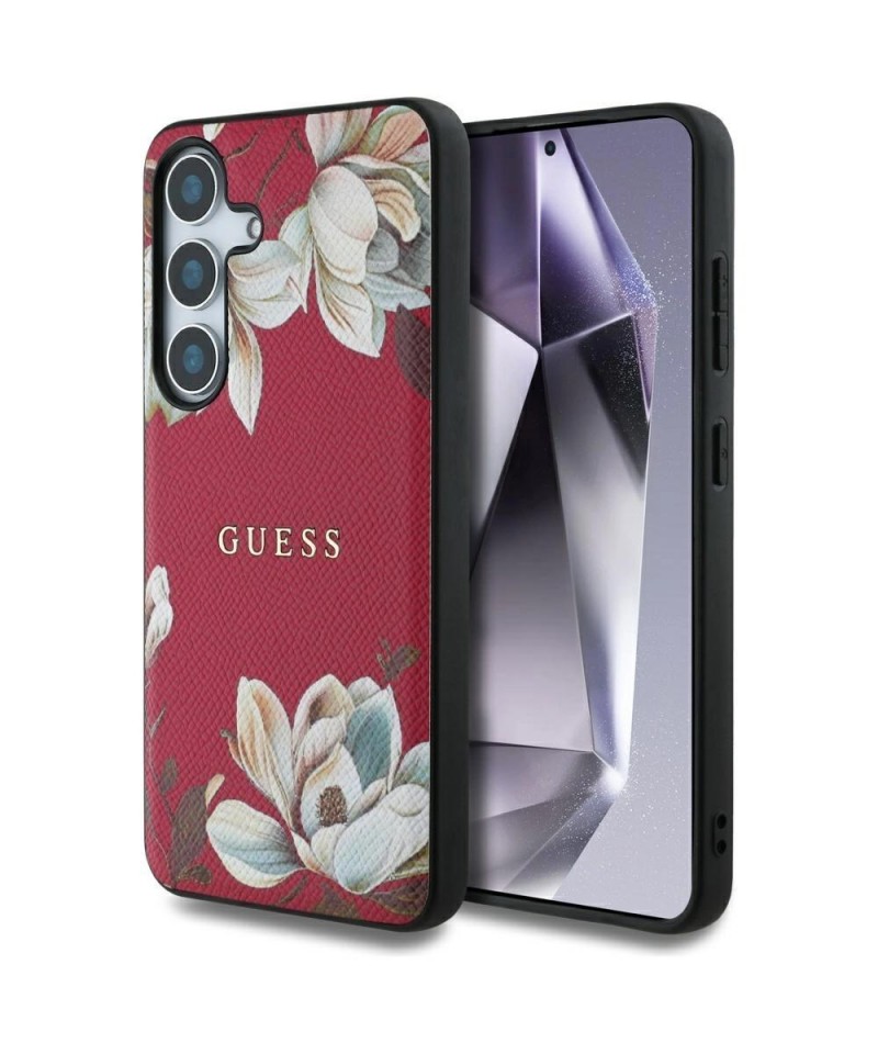 Guess Grained Printed Flower Pattern MagSafe case for Samsung Galaxy S25 fuchsia