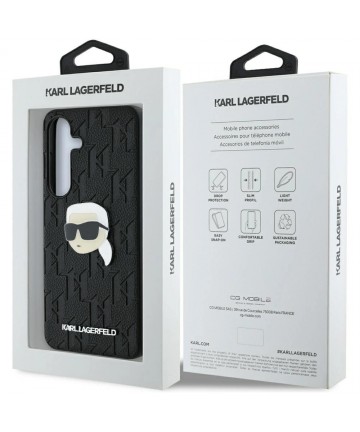 Karl Lagerfeld Leather Monogram Pin Logo Karl Head Samsung Galaxy S25 Case Black