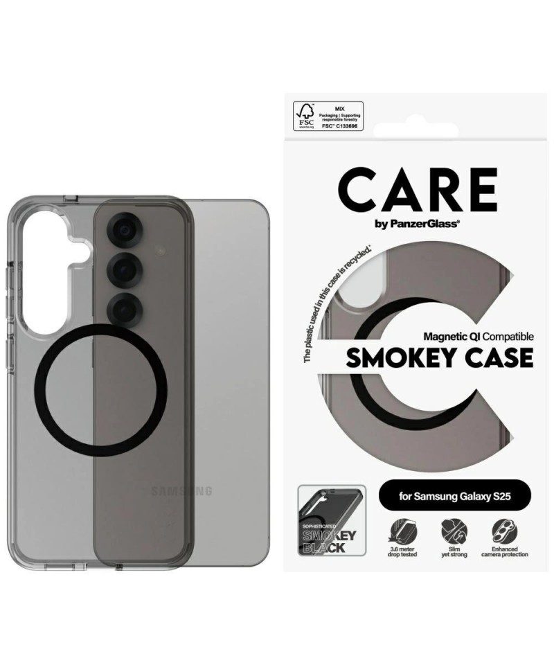 CARE by PanzerGlass Flagship Urban Combat Black QI Case for Samsung Galaxy S25 - Semi-transparent Smoke