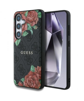 Guess Leather 4G Flowers Print Metal Classic Logo MagSafe Case for Samsung Galaxy S25 - Black
