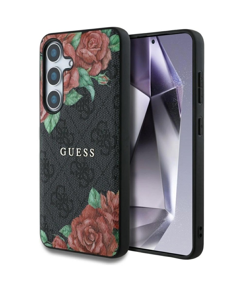 Guess Leather 4G Flowers Print Metal Classic Logo MagSafe Case for Samsung Galaxy S25 - Black