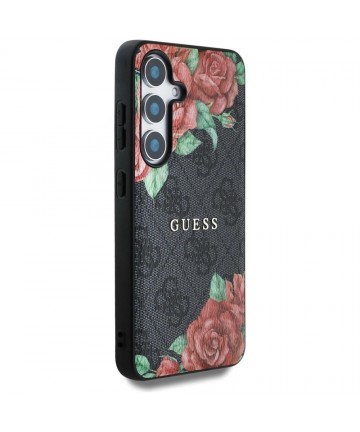 Guess Leather 4G Flowers Print Metal Classic Logo MagSafe Case for Samsung Galaxy S25 - Black